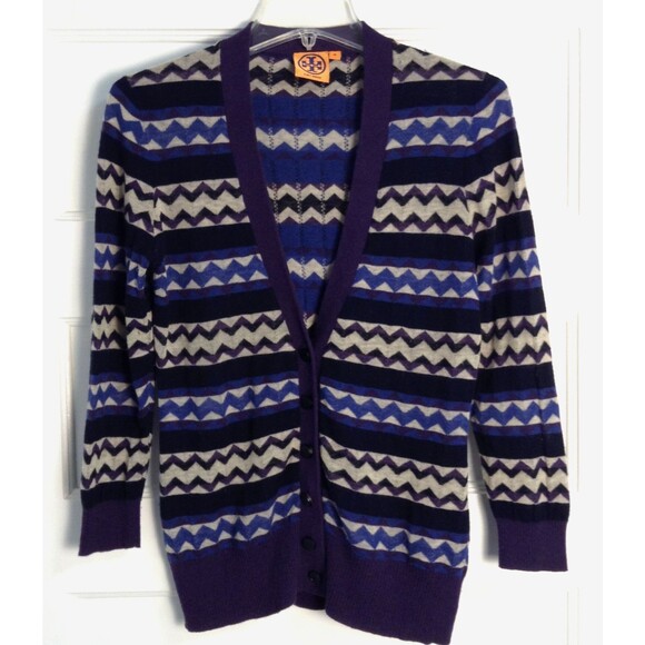 Tory Burch Cardigan Sweater M Chevron Stripe Wool Cashmere Knit Aztec Southwest - Picture 1 of 8